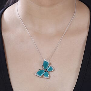 Verde Onyx, Brown and White Zircon 14.80 ctw Butterfly Pendant Necklace in Rhodium Over Sterling Silver 20 Inches