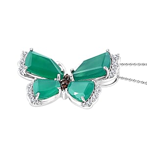 Verde Onyx, Brown and White Zircon 14.80 ctw Butterfly Pendant Necklace in Rhodium Over Sterling Silver 20 Inches