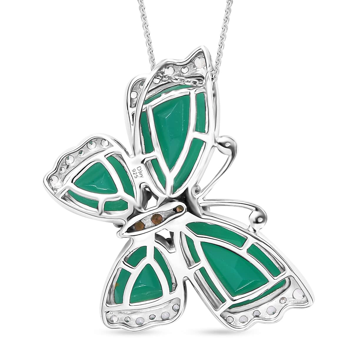 Verde Onyx, Brown and White Zircon 14.80 ctw Butterfly Pendant Necklace in Rhodium Over Sterling Silver 20 Inches image number 4