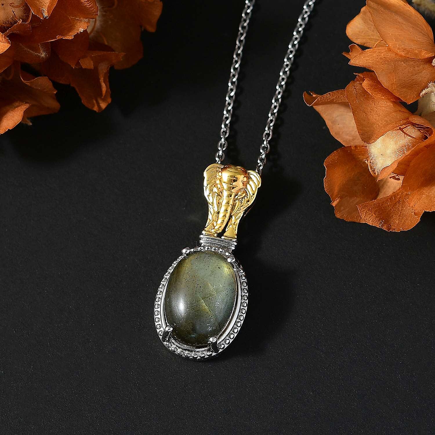 Karis Malagasy Labradorite 7.00 ctw Elephant Pendant in 18K YG Plated and Platinum Bond with Stainless Steel Necklace 20 Inches
