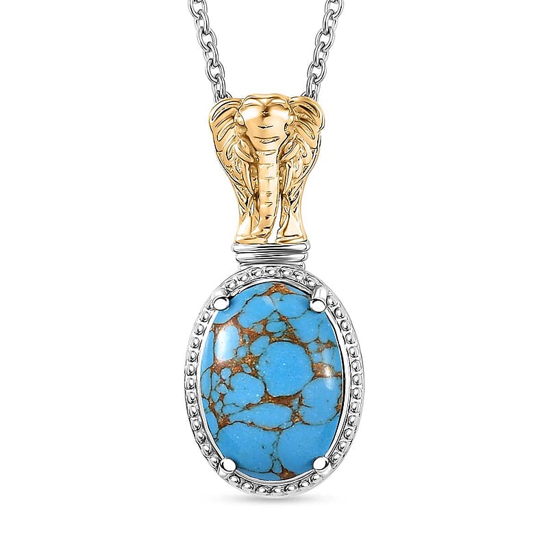 Karis Mojave Blue Turquoise 5.10 ctw Elephant Pendant in 18K YG Plated and Platinum Bond with Stainless Steel Necklace 20 Inches