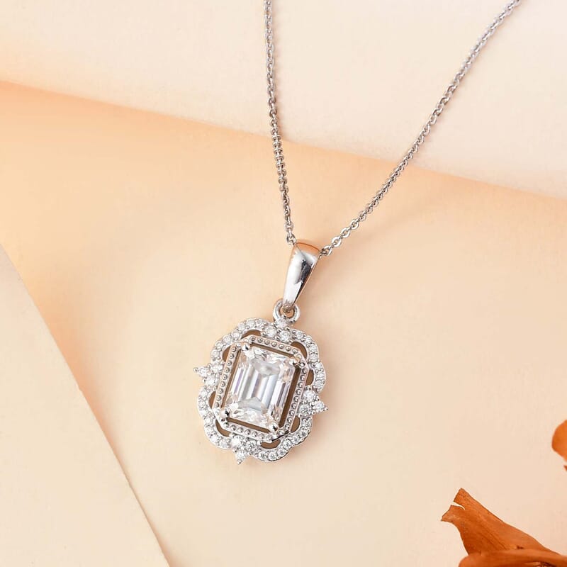 Moissanite 2.00 ctw Ice Castle Pendant Necklace in Rhodium Over Sterling Silver 20 Inches