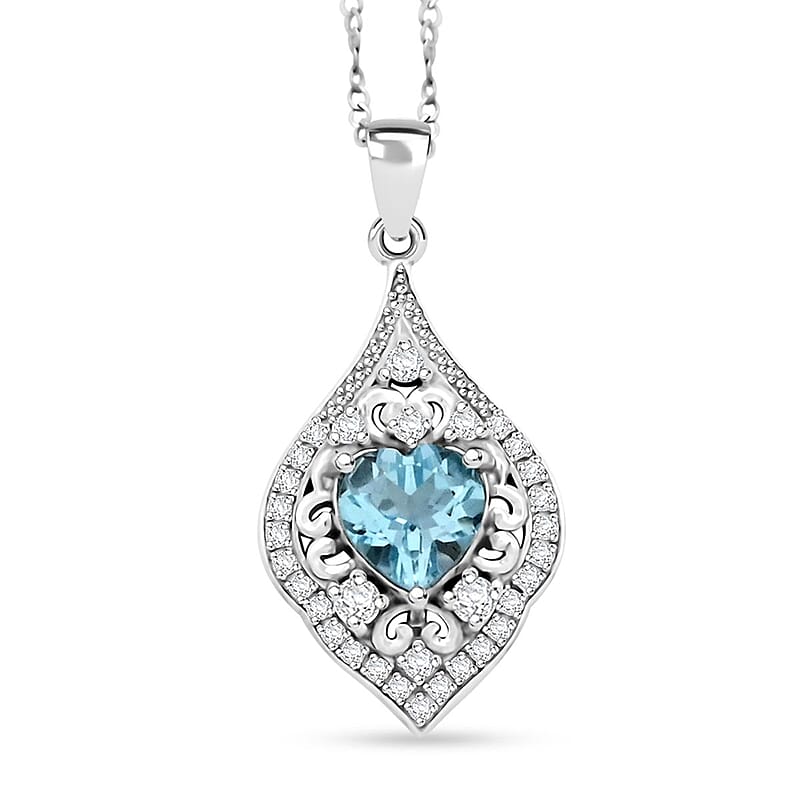 Blue Topaz and Simulated Diamond 4.30 ctw Heart Pendant Necklace in Sterling Silver 18 Inches