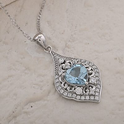 Blue Topaz and Simulated Diamond 4.30 ctw Heart Pendant Necklace in Sterling Silver 18 Inches