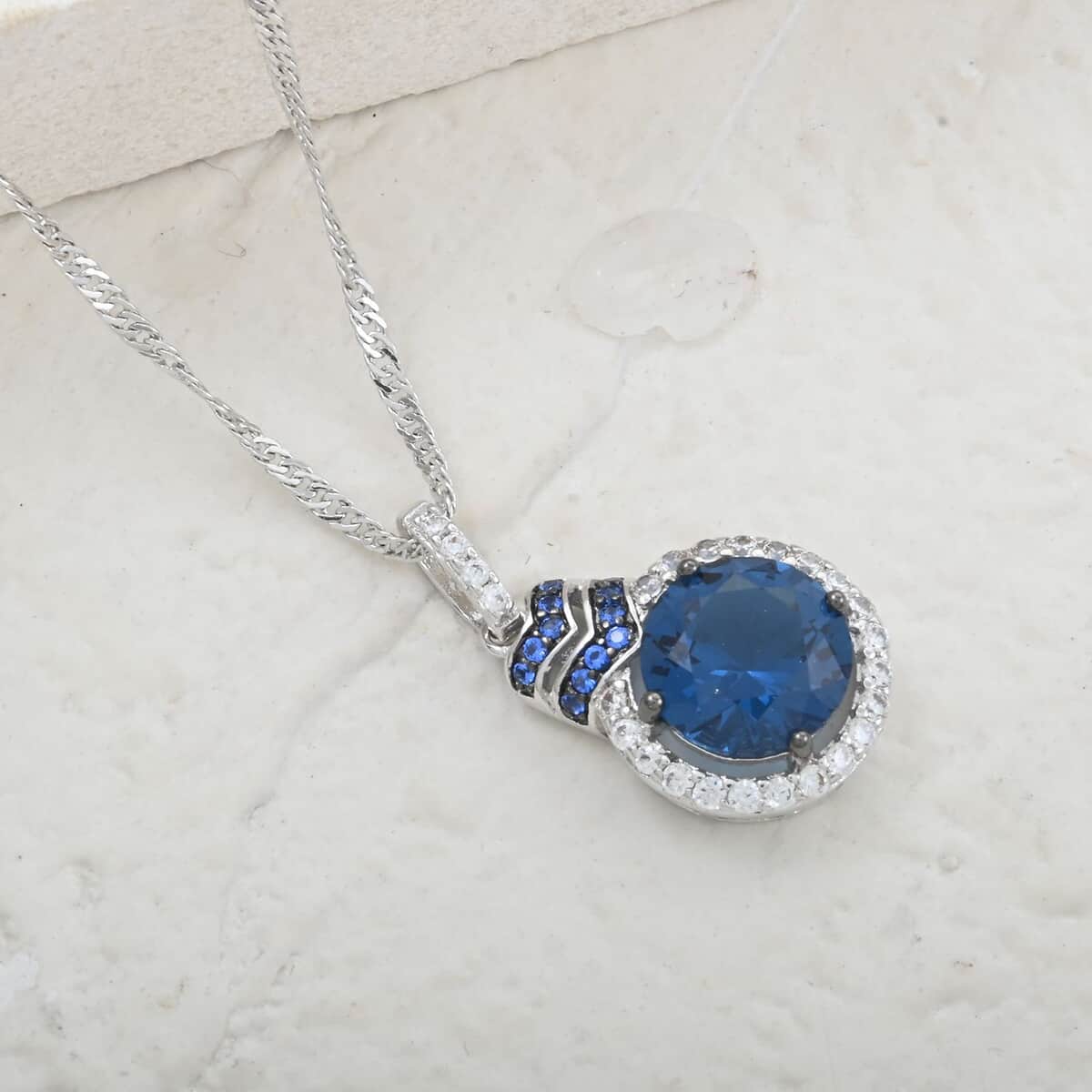 London Blue Topaz, Simulated Blue and White Diamond 4.30 ctw Pendant Necklace in Silvertone 18 Inches image number 1