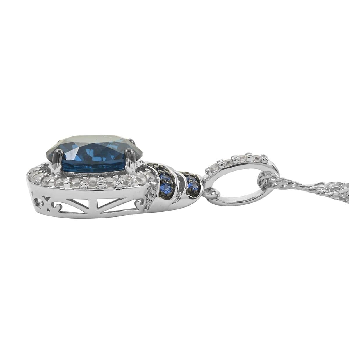 London Blue Topaz, Simulated Blue and White Diamond 4.30 ctw Pendant Necklace in Silvertone 18 Inches image number 2