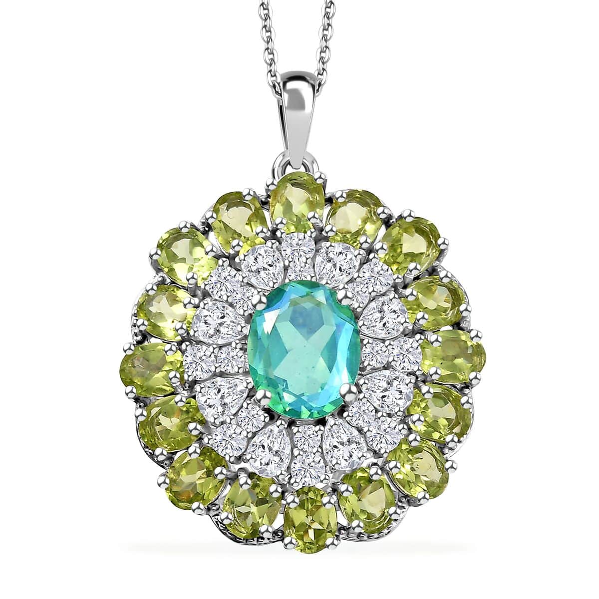 Peacock Quartz (Triplet) and Multi Gemstone 12.00 ctw Botanic Bloom Pendant Necklace in Rhodium Over Sterling Silver 20 Inches image number 0