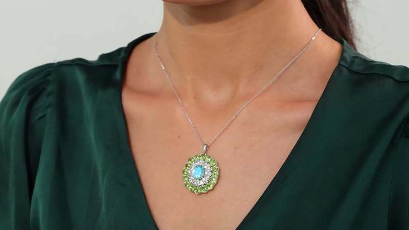 Peacock Quartz (Triplet) and Multi Gemstone 12.00 ctw Botanic Bloom Pendant Necklace in Rhodium Over Sterling Silver 20 Inches