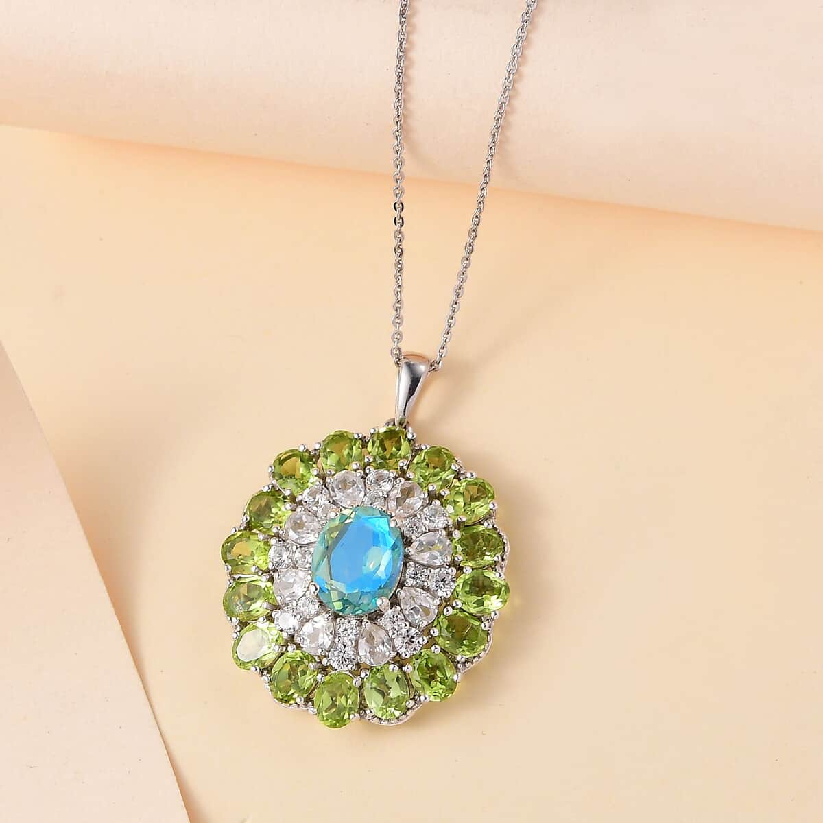 Peacock Quartz (Triplet) and Multi Gemstone 12.00 ctw Botanic Bloom Pendant Necklace in Rhodium Over Sterling Silver 20 Inches image number 1