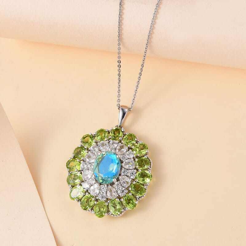 Peacock Quartz (Triplet) and Multi Gemstone 12.00 ctw Botanic Bloom Pendant Necklace in Rhodium Over Sterling Silver 20 Inches