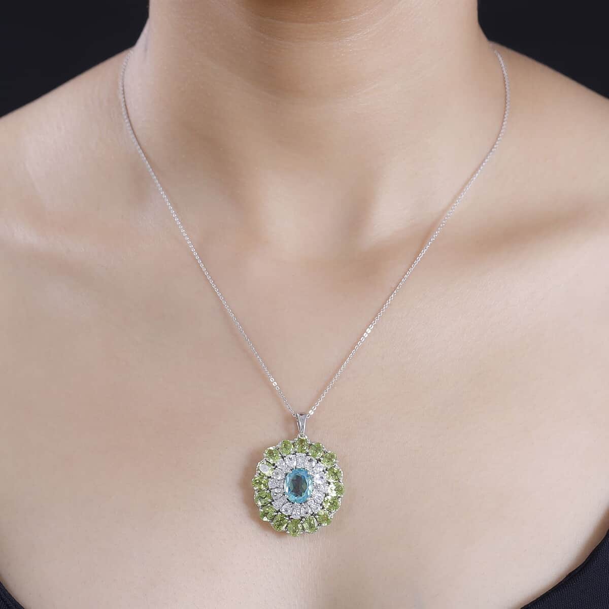 Peacock Quartz (Triplet) and Multi Gemstone 12.00 ctw Botanic Bloom Pendant Necklace in Rhodium Over Sterling Silver 20 Inches image number 2