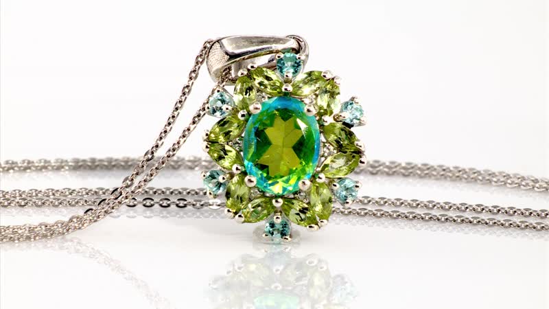 Peacock Quartz (Triplet) and Multi Gemstone 3.60 ctw Peacock Petal Pendant Necklace in Rhodium Over Sterling Silver 20 Inches