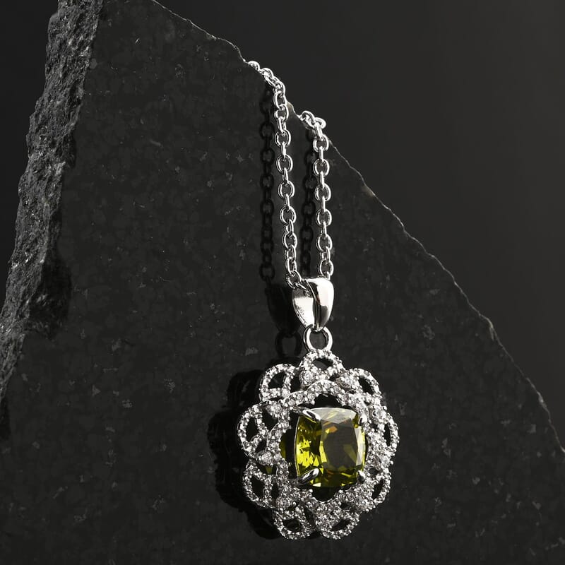 Simulated Peridot and Simulated Diamond 3.60 ctw Pendant Necklace in Silvertone 18 Inches