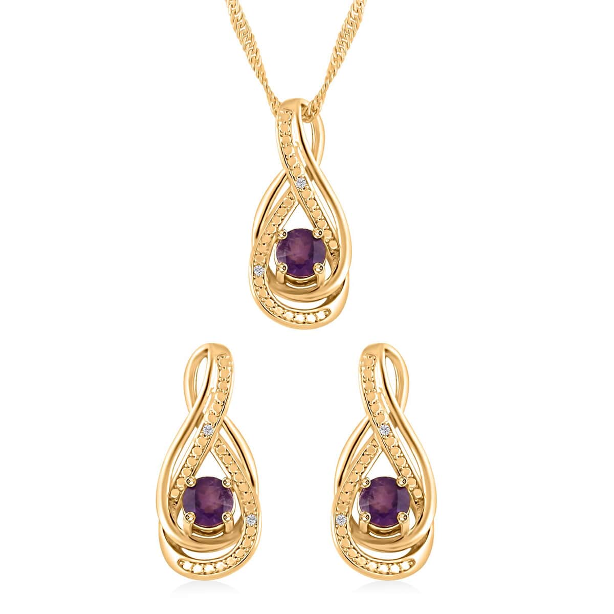 Amethyst and Simulated Diamond 2.00 ctw Earrings and Pendant Necklace in Goldtone 18 Inches image number 0