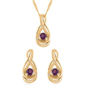 Amethyst and Simulated Diamond 2.00 ctw Earrings and Pendant Necklace in Goldtone 18 Inches