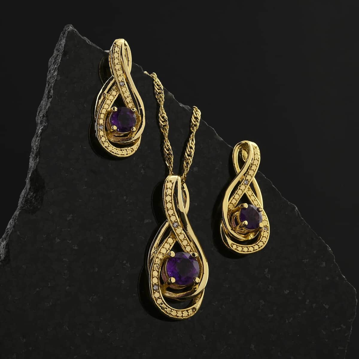 Amethyst and Simulated Diamond 2.00 ctw Earrings and Pendant Necklace in Goldtone 18 Inches image number 1