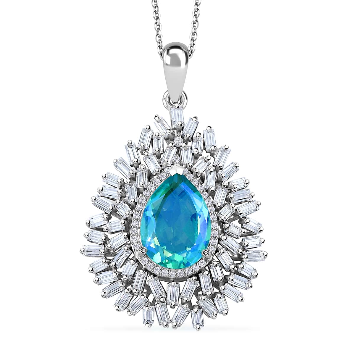 Peacock Quartz (Triplet) and Moissanite 8.30 ctw Aurora Cascade Pendant Necklace in Rhodium Over Sterling Silver 20 Inches image number 0