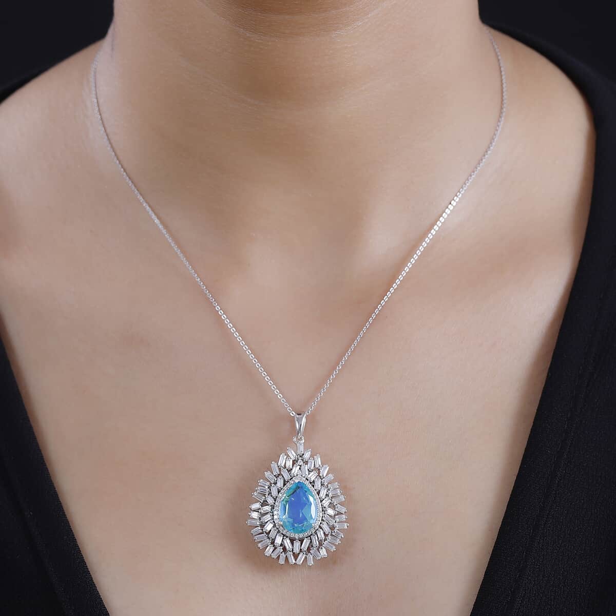 Peacock Quartz (Triplet) and Moissanite 8.30 ctw Aurora Cascade Pendant Necklace in Rhodium Over Sterling Silver 20 Inches image number 2