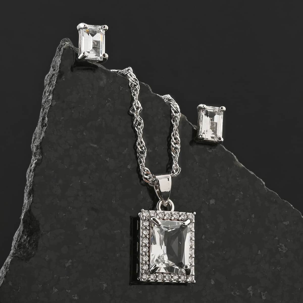 White Quartz and Simulated Diamond 3.75 ctw Earrings and Pendant Necklace in Silvertone 18 Inches image number 1