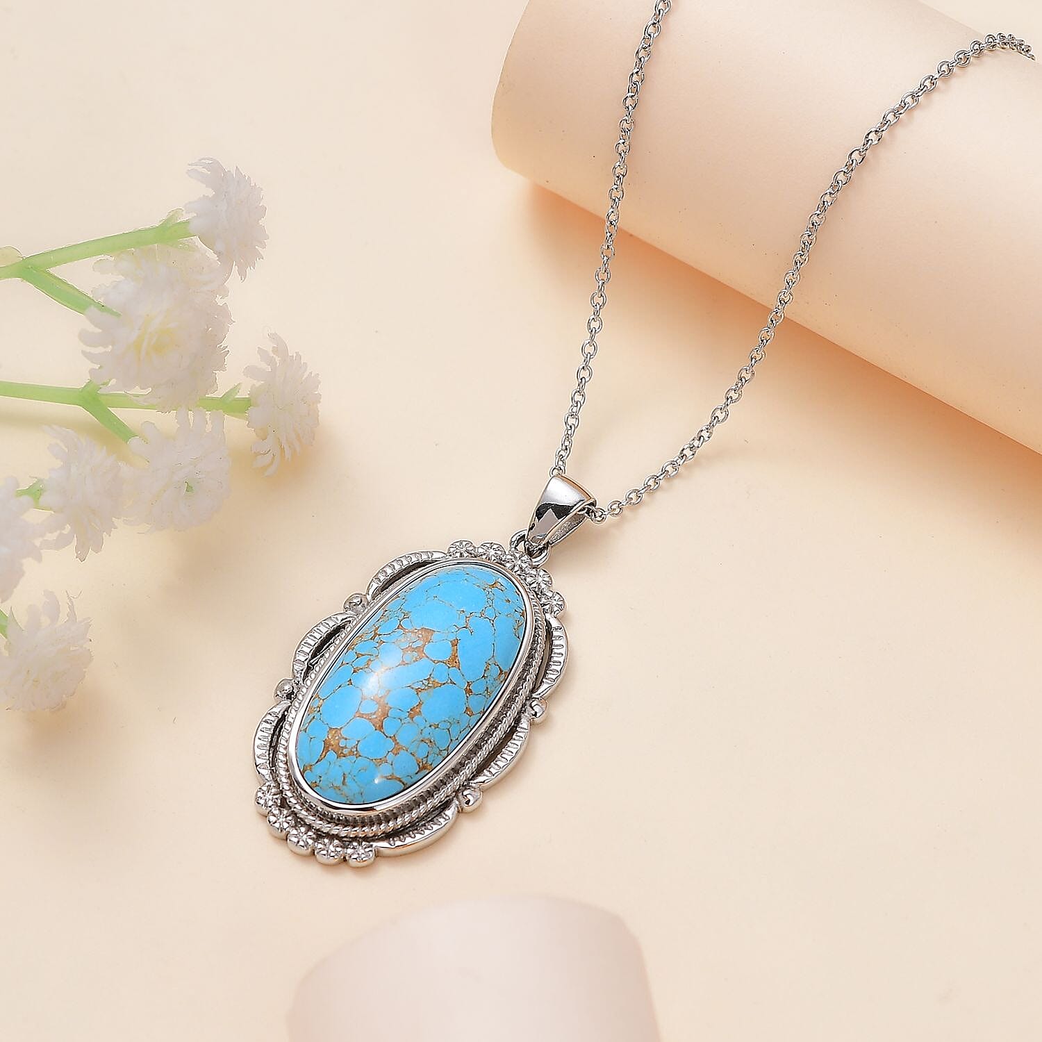 Mojave Blue Turquoise 30.00 ctw Pendant Necklace in Stainless Steel 20 Inches