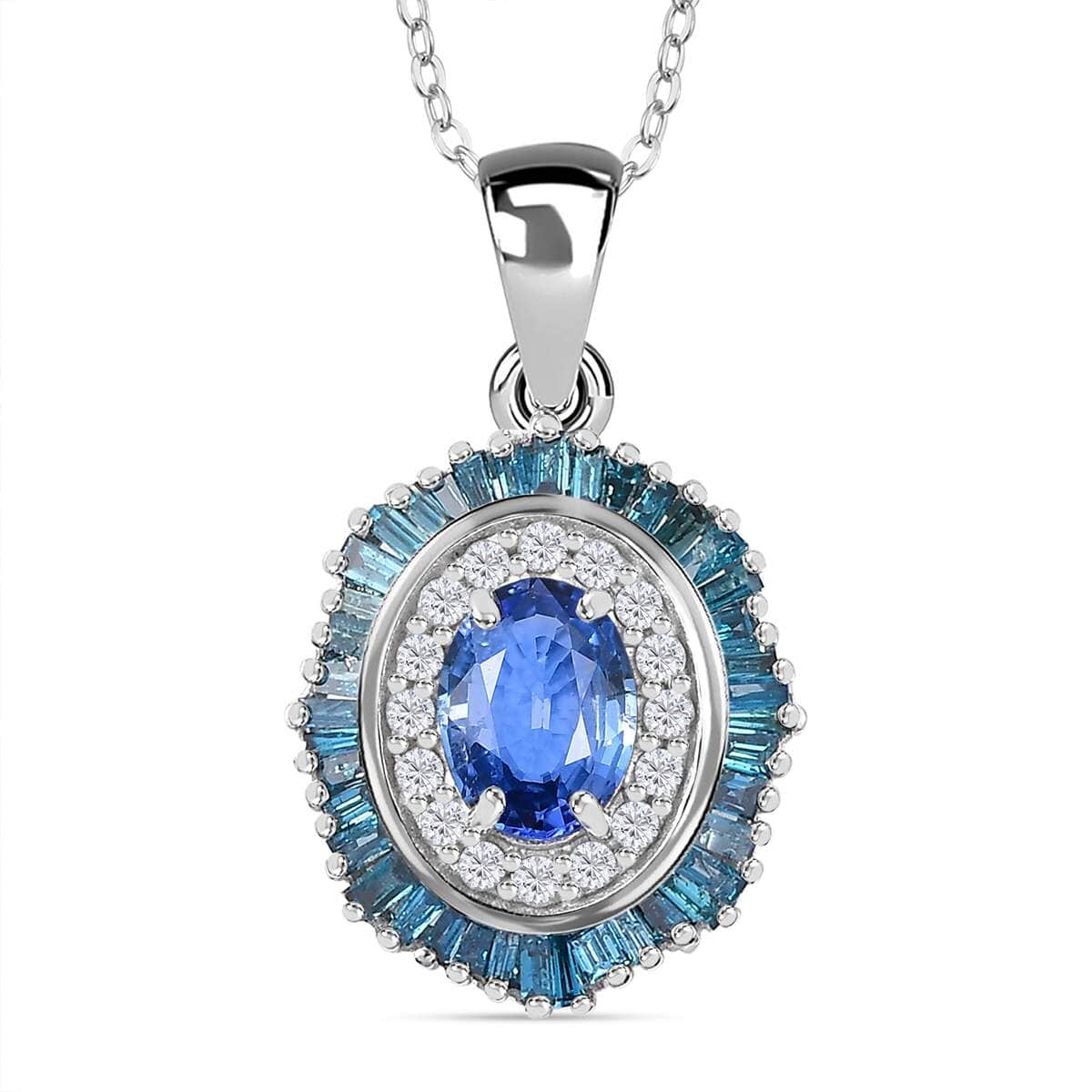 Ceylon Blue Sapphire and Blue and White Diamond 1.35 ctw Midnight Halo Pendant Necklace in Rhodium Over Sterling Silver 20 Inches image number 0