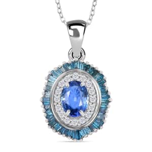 Ceylon Blue Sapphire and Blue and White Diamond 1.35 ctw Midnight Halo Pendant Necklace in Rhodium Over Sterling Silver 20 Inches