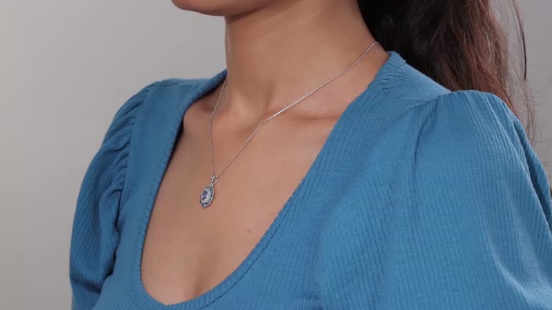 Ceylon Blue Sapphire and Blue and White Diamond 1.35 ctw Midnight Halo Pendant Necklace in Rhodium Over Sterling Silver 20 Inches