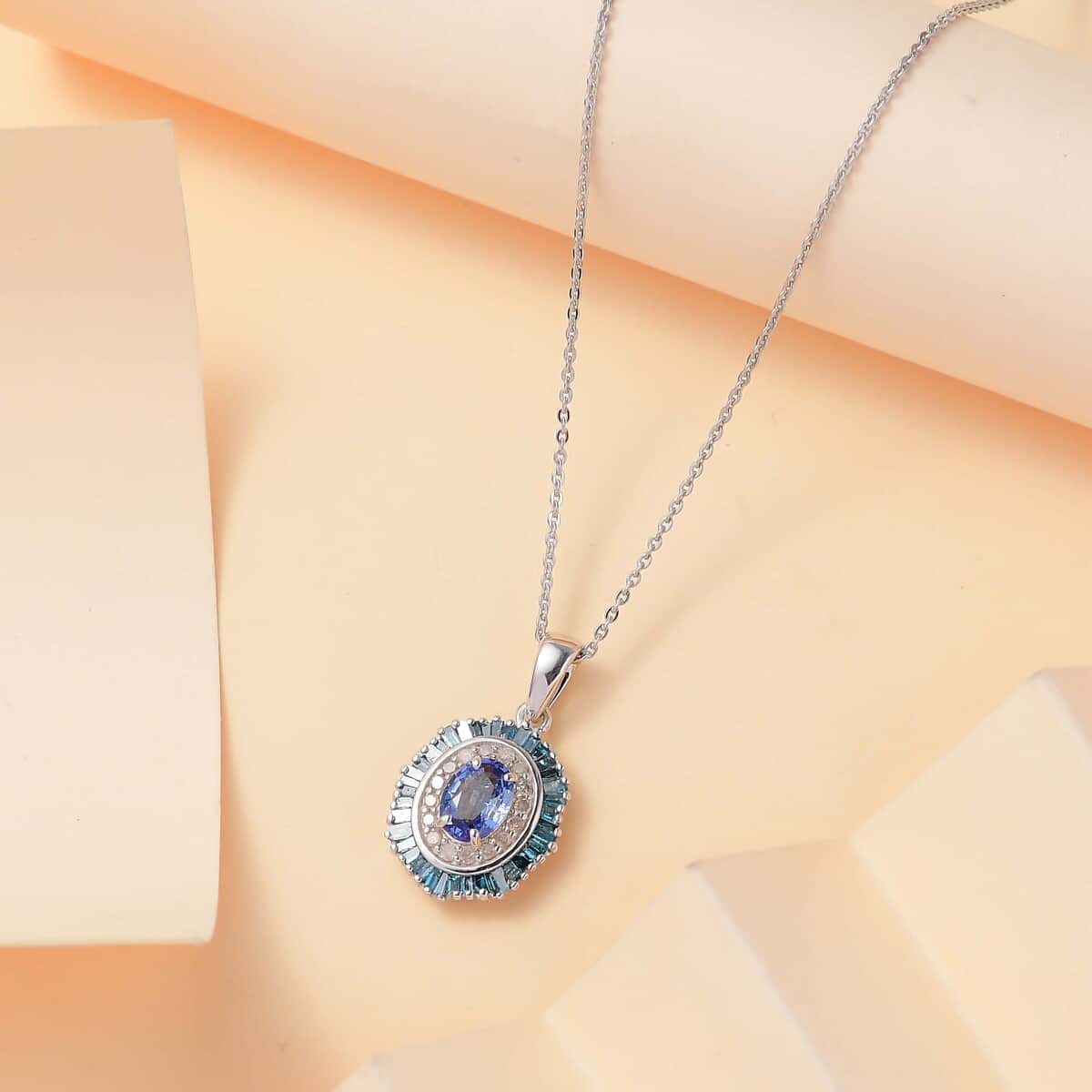 Ceylon Blue Sapphire and Blue and White Diamond 1.35 ctw Midnight Halo Pendant Necklace in Rhodium Over Sterling Silver 20 Inches image number 1