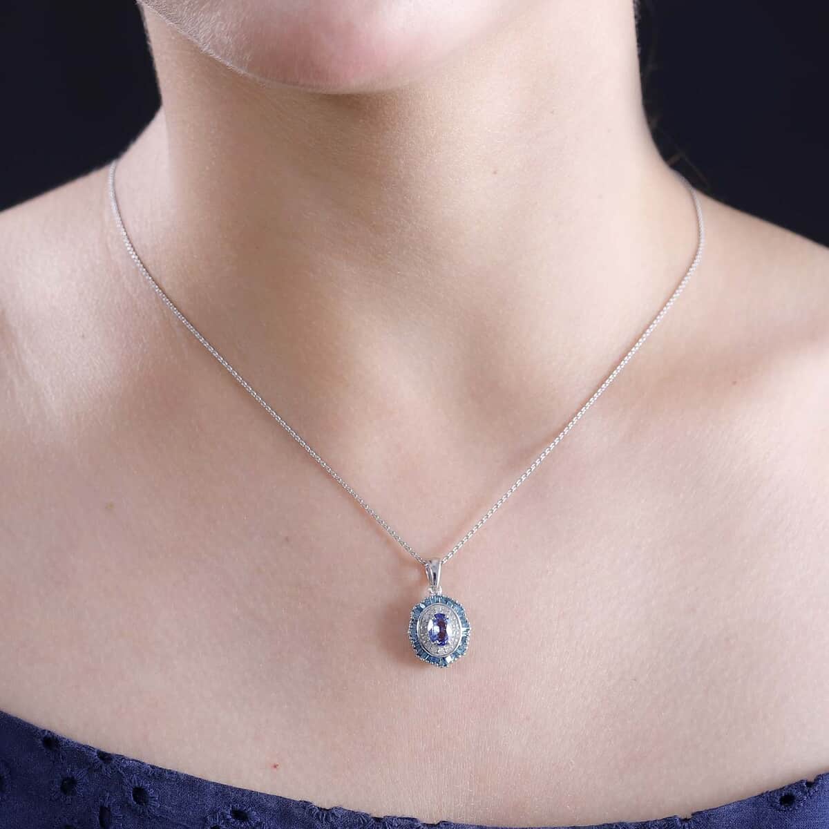 Ceylon Blue Sapphire and Blue and White Diamond 1.35 ctw Midnight Halo Pendant Necklace in Rhodium Over Sterling Silver 20 Inches image number 2