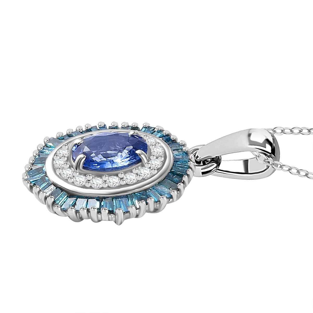 Ceylon Blue Sapphire and Blue and White Diamond 1.35 ctw Midnight Halo Pendant Necklace in Rhodium Over Sterling Silver 20 Inches image number 3