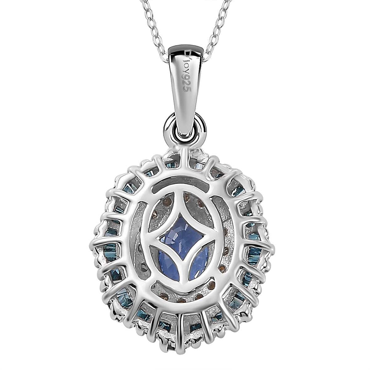 Ceylon Blue Sapphire and Blue and White Diamond 1.35 ctw Midnight Halo Pendant Necklace in Rhodium Over Sterling Silver 20 Inches