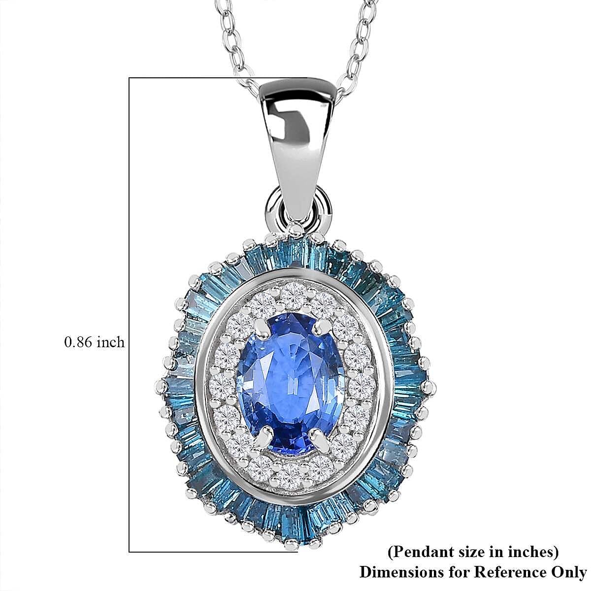 Ceylon Blue Sapphire and Blue and White Diamond 1.35 ctw Midnight Halo Pendant Necklace in Rhodium Over Sterling Silver 20 Inches