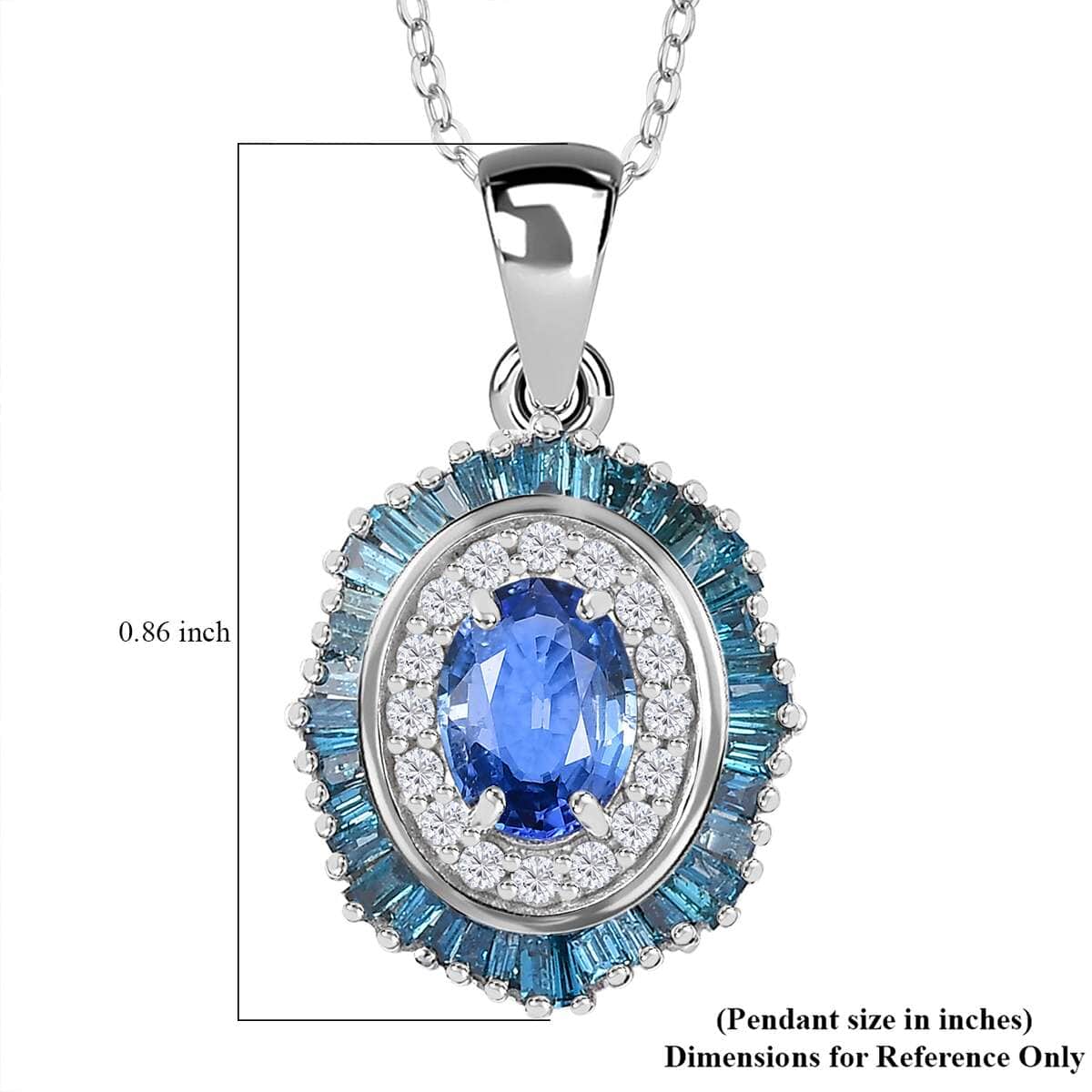 Ceylon Blue Sapphire and Blue and White Diamond 1.35 ctw Midnight Halo Pendant Necklace in Rhodium Over Sterling Silver 20 Inches image number 5