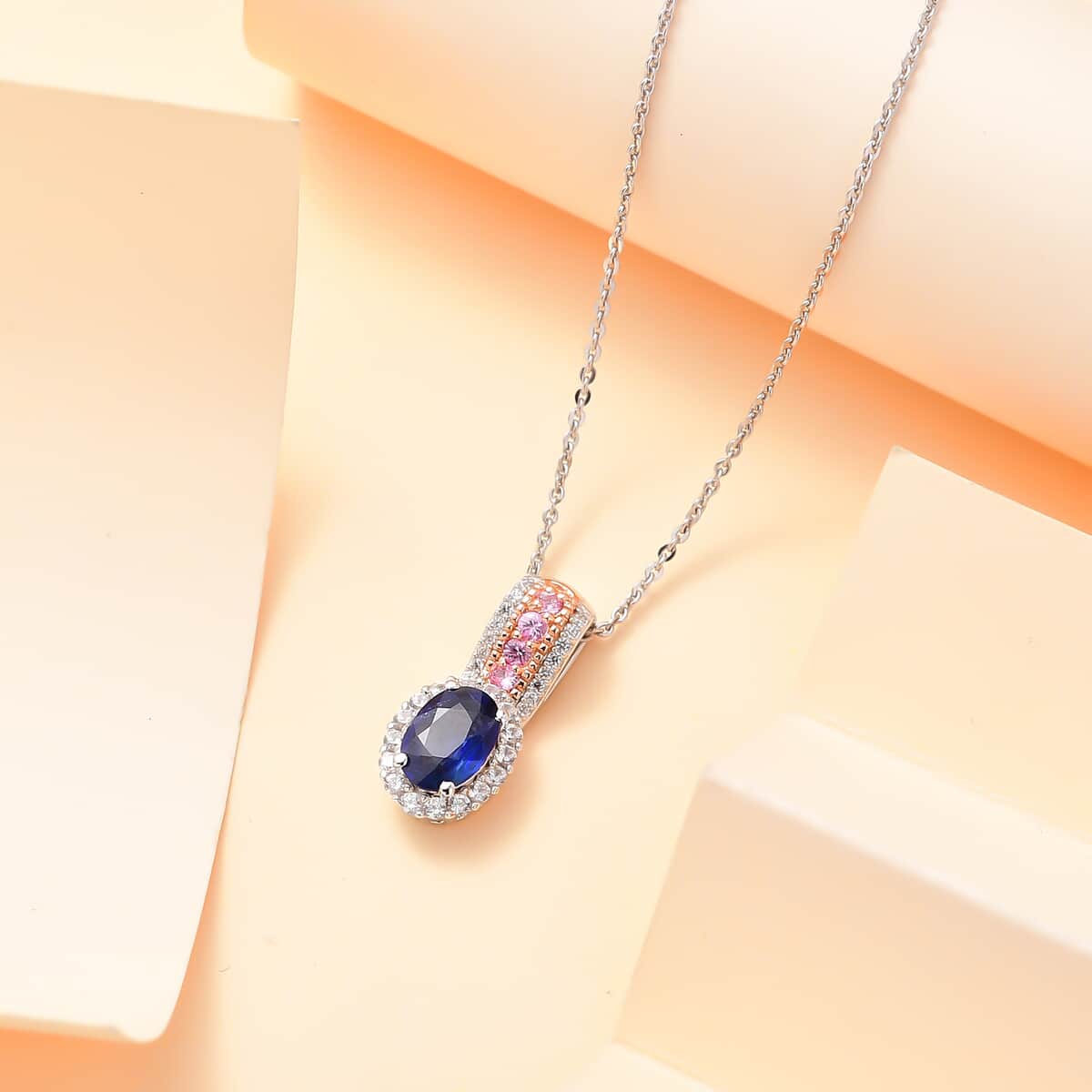 Ceylon Blue Sapphire and Multi Gemstone 1.35 ctw Ocean Blossom Pendant Necklace in 18K Vermeil RG and Rhodium Over Sterling Silver 20 Inches image number 1