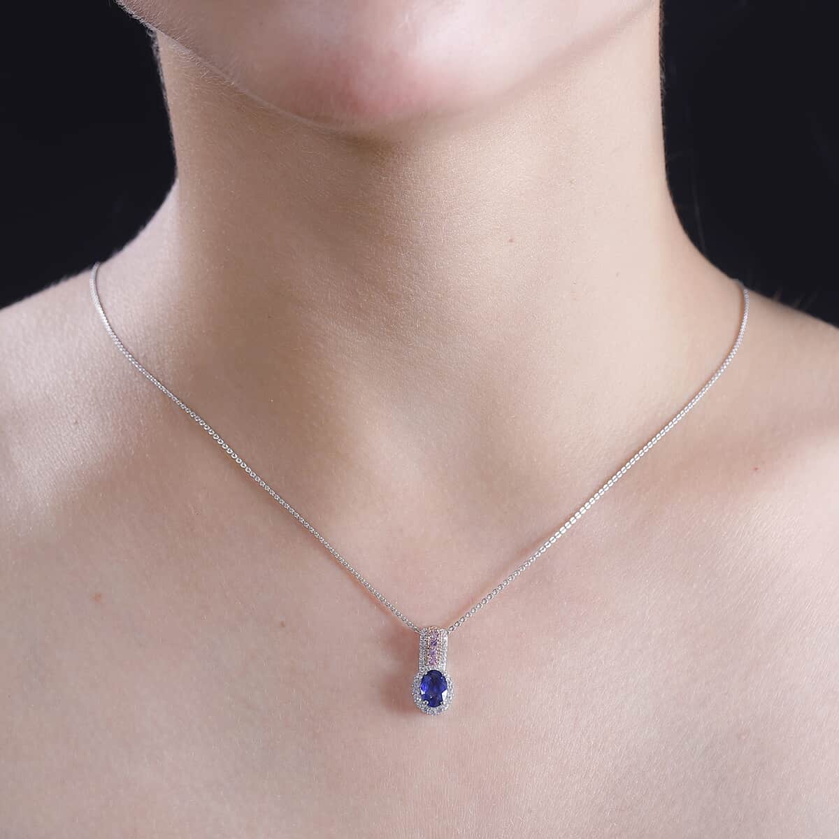 Ceylon Blue Sapphire and Multi Gemstone 1.35 ctw Ocean Blossom Pendant Necklace in 18K Vermeil RG and Rhodium Over Sterling Silver 20 Inches image number 2