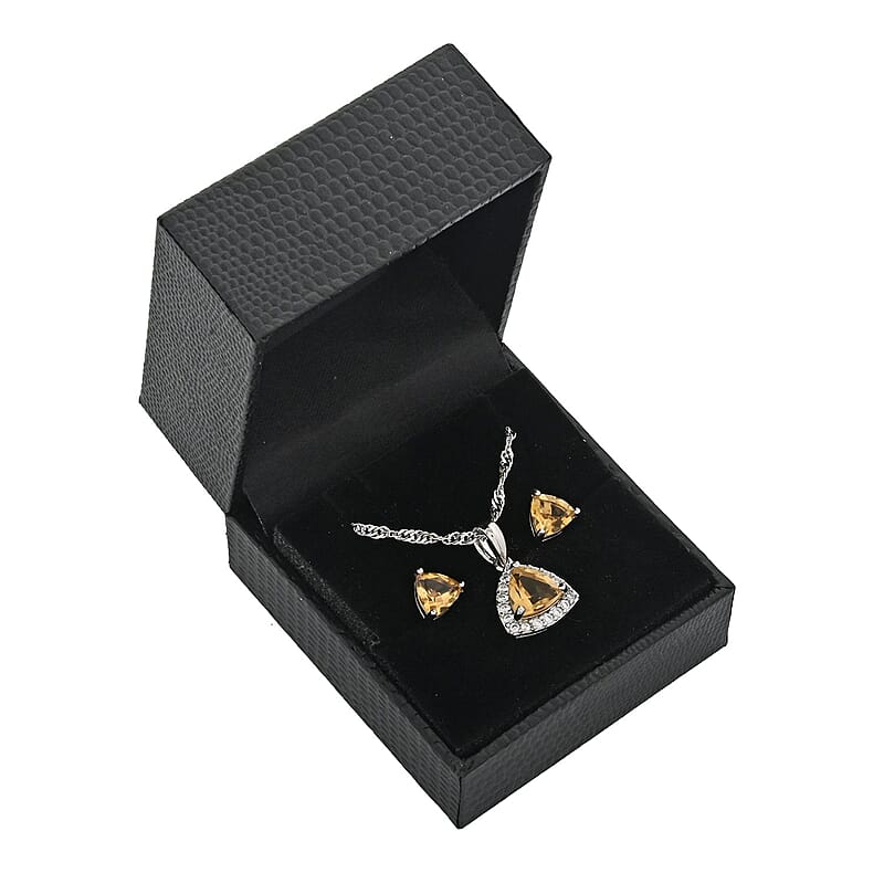 Simulated Citrine and Simulated Diamond 2.75 ctw Earrings, Pendant Necklace in Silvertone 18 Inches