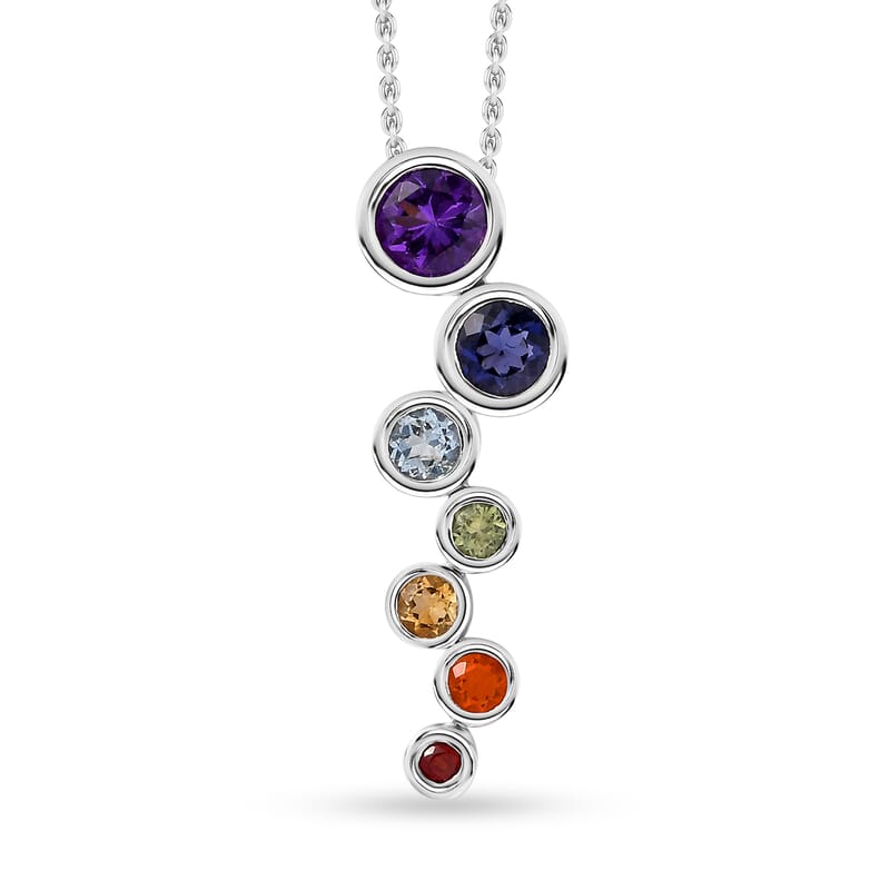 Multi Gemstone 1.80 ctw Seven Chakra Pendant in Rhodium Over Sterling Silver with Stainless Steel Necklace 20 Inches
