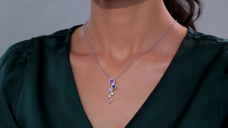 Multi Gemstone 1.80 ctw Seven Chakra Pendant in Rhodium Over Sterling Silver with Stainless Steel Necklace 20 Inches
