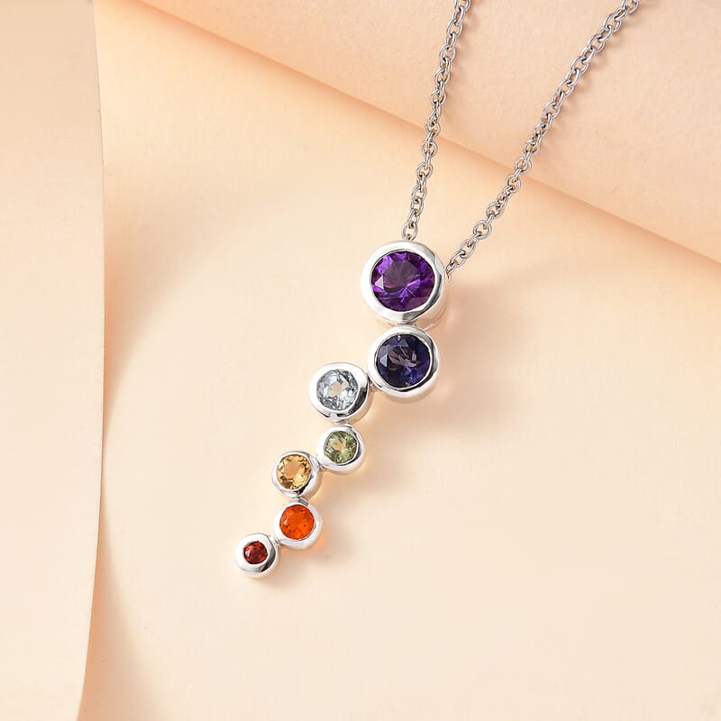 Multi Gemstone 1.80 ctw Seven Chakra Pendant in Rhodium Over Sterling Silver with Stainless Steel Necklace 20 Inches