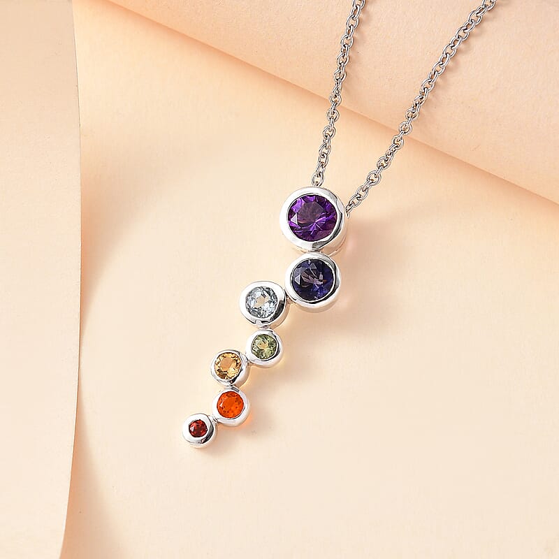 Multi Gemstone 1.80 ctw Seven Chakra Pendant in Rhodium Over Sterling Silver with Stainless Steel Necklace 20 Inches