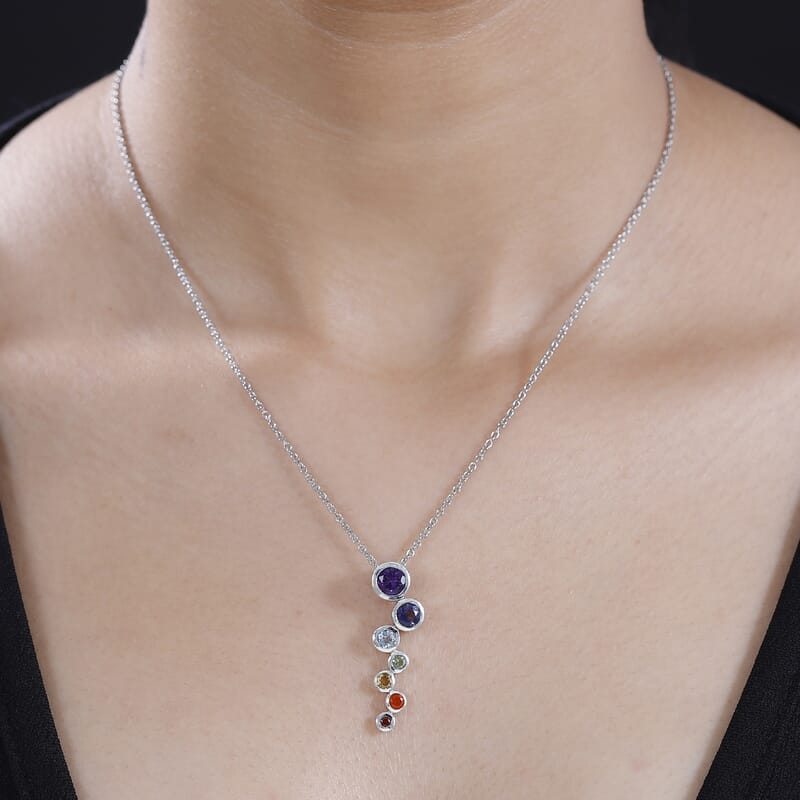 Multi Gemstone 1.80 ctw Seven Chakra Pendant in Rhodium Over Sterling Silver with Stainless Steel Necklace 20 Inches