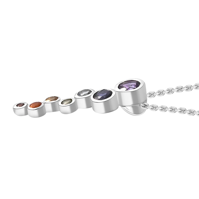Multi Gemstone 1.80 ctw Seven Chakra Pendant in Rhodium Over Sterling Silver with Stainless Steel Necklace 20 Inches