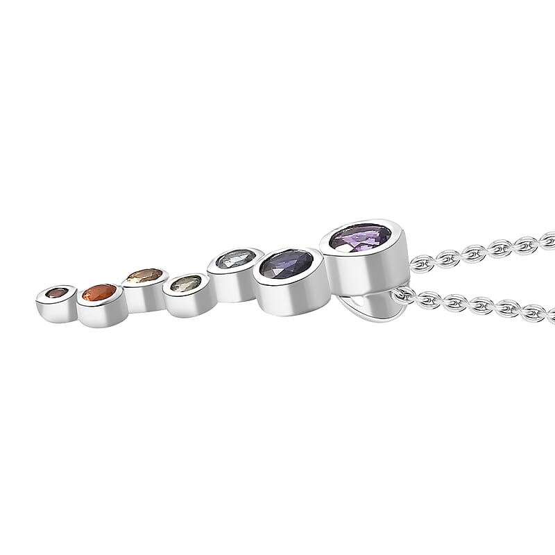 Multi Gemstone 1.80 ctw Seven Chakra Pendant in Rhodium Over Sterling Silver with Stainless Steel Necklace 20 Inches