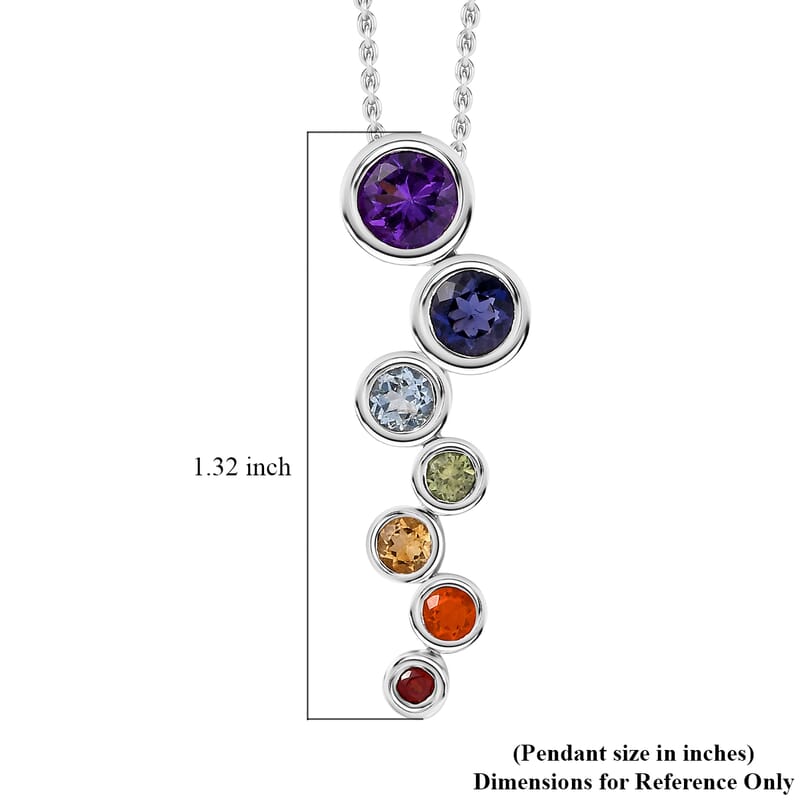 Multi Gemstone 1.80 ctw Seven Chakra Pendant in Rhodium Over Sterling Silver with Stainless Steel Necklace 20 Inches