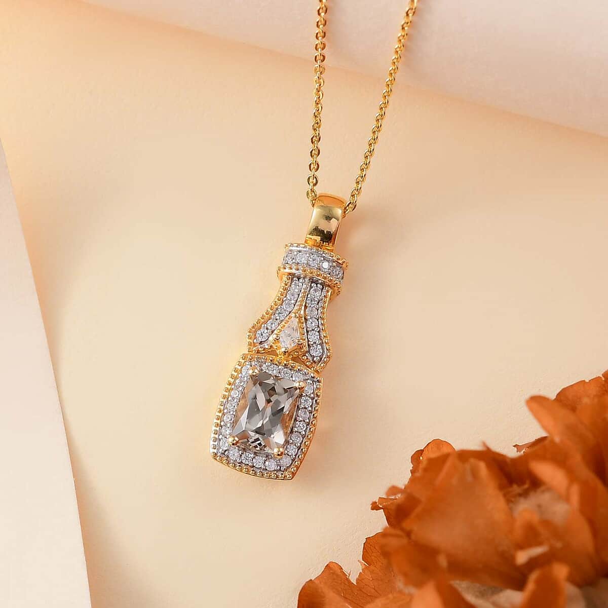 AAA Turkizite and White Zircon 1.60 ctw Art Deco Pendant Necklace in 18K Vermeil Yellow Gold Over Sterling Silver 20 Inches image number 1