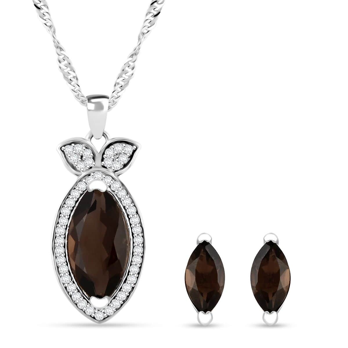 Simulated Smoky Quartz and Simulated Diamond 3.00 ctw Earrings, Pendant Necklace in Silvertone 18 Inches image number 0