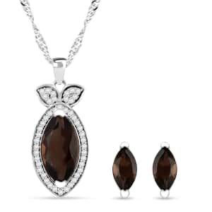 Simulated Smoky Quartz and Simulated Diamond 3.00 ctw Earrings, Pendant Necklace in Silvertone 18 Inches