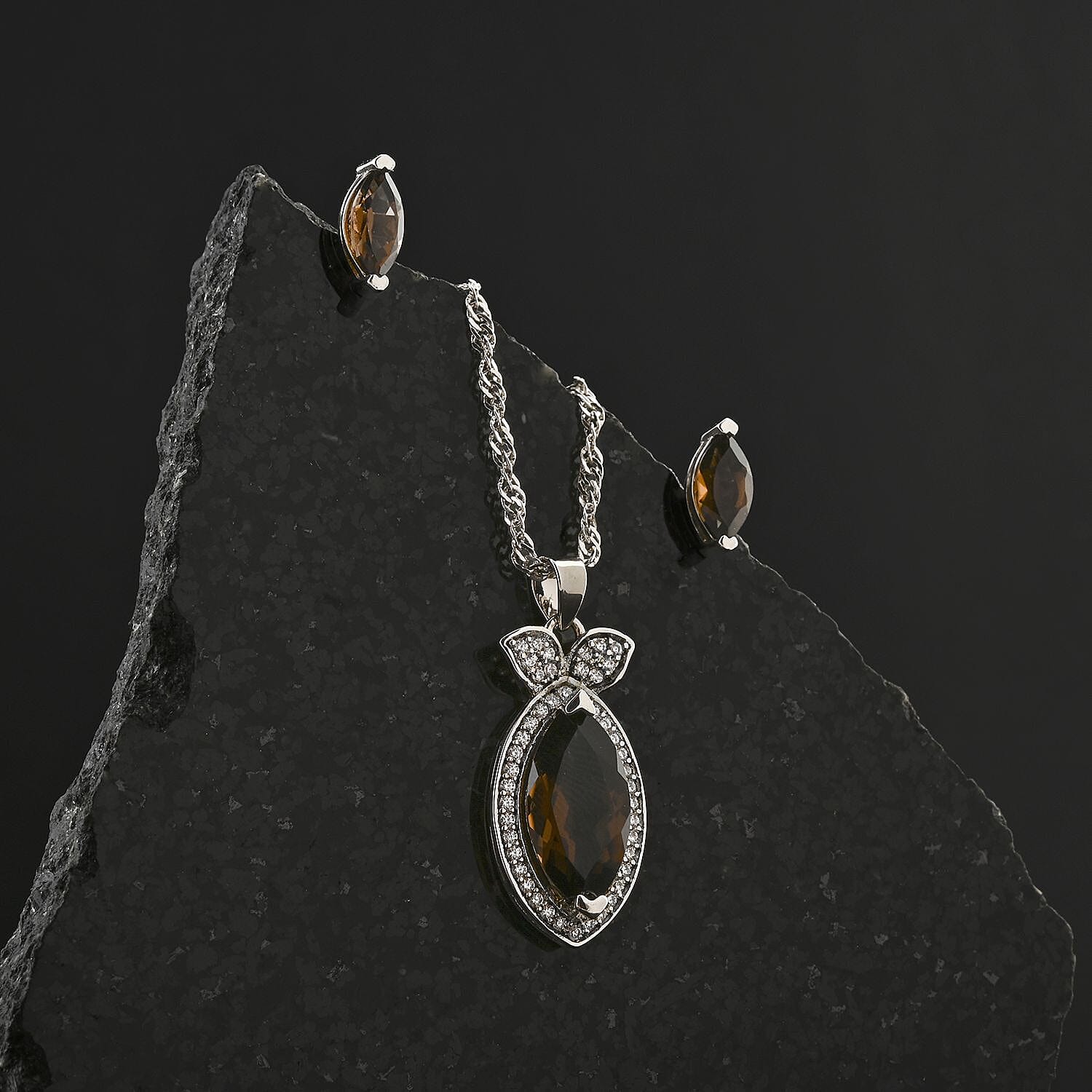 Simulated Smoky Quartz and Simulated Diamond 3.00 ctw Earrings, Pendant Necklace in Silvertone 18 Inches