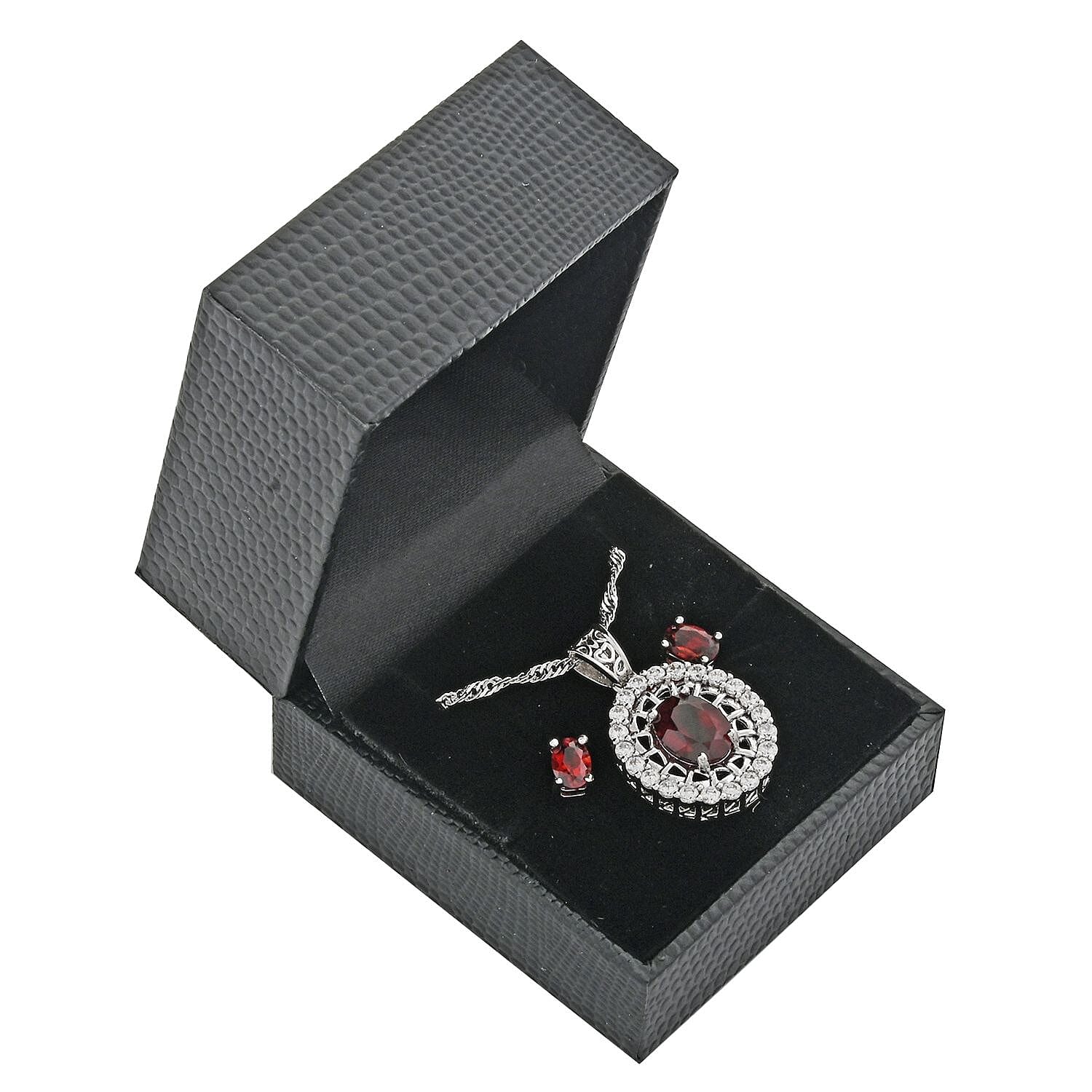 Simulated Garnet and Simulated Diamond 3.15 ctw Earrings, Pendant Necklace in Silvertone 18 Inches