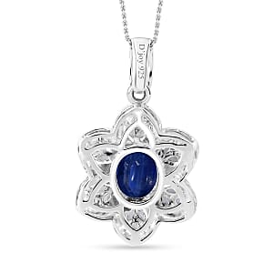 Kashmir Kyanite and White Zircon 4.35 ctw Floral Pendant Necklace 20 Inches in Rhodium Over Sterling Silver